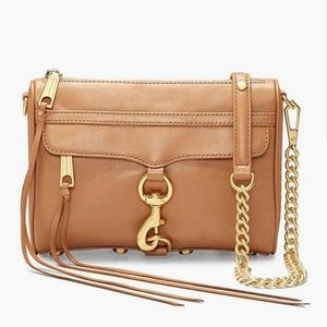 Rebecca Minkoff mini mac crossbody clutch shoulder bag tan camel gold hardware